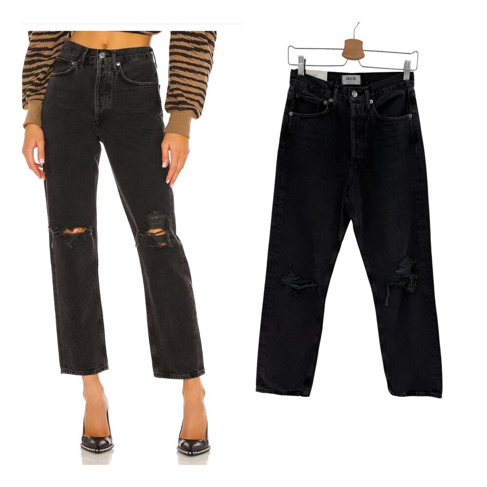 AGOLDE 90s Mid Rise Loose Fit Distressed Jeans Smokestack Black‎ Denim Size 24